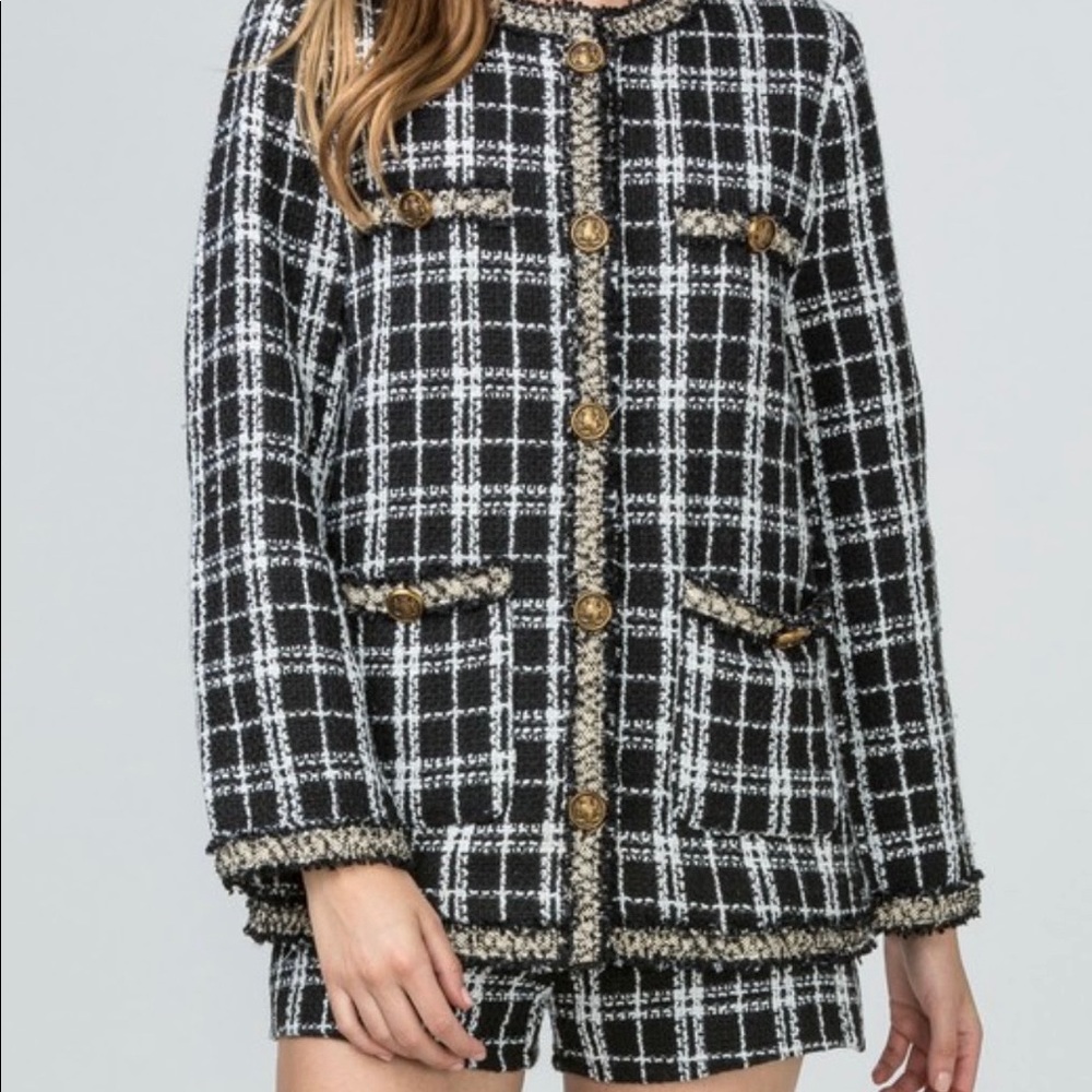 Tweed Plaid suit set jacket with shorts set